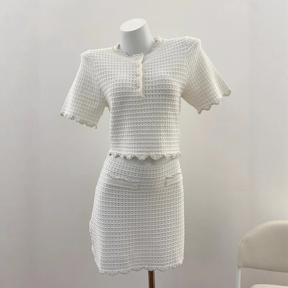 Chic Vintage Hollow Beaded Lace White Knit Top + Skirt Set